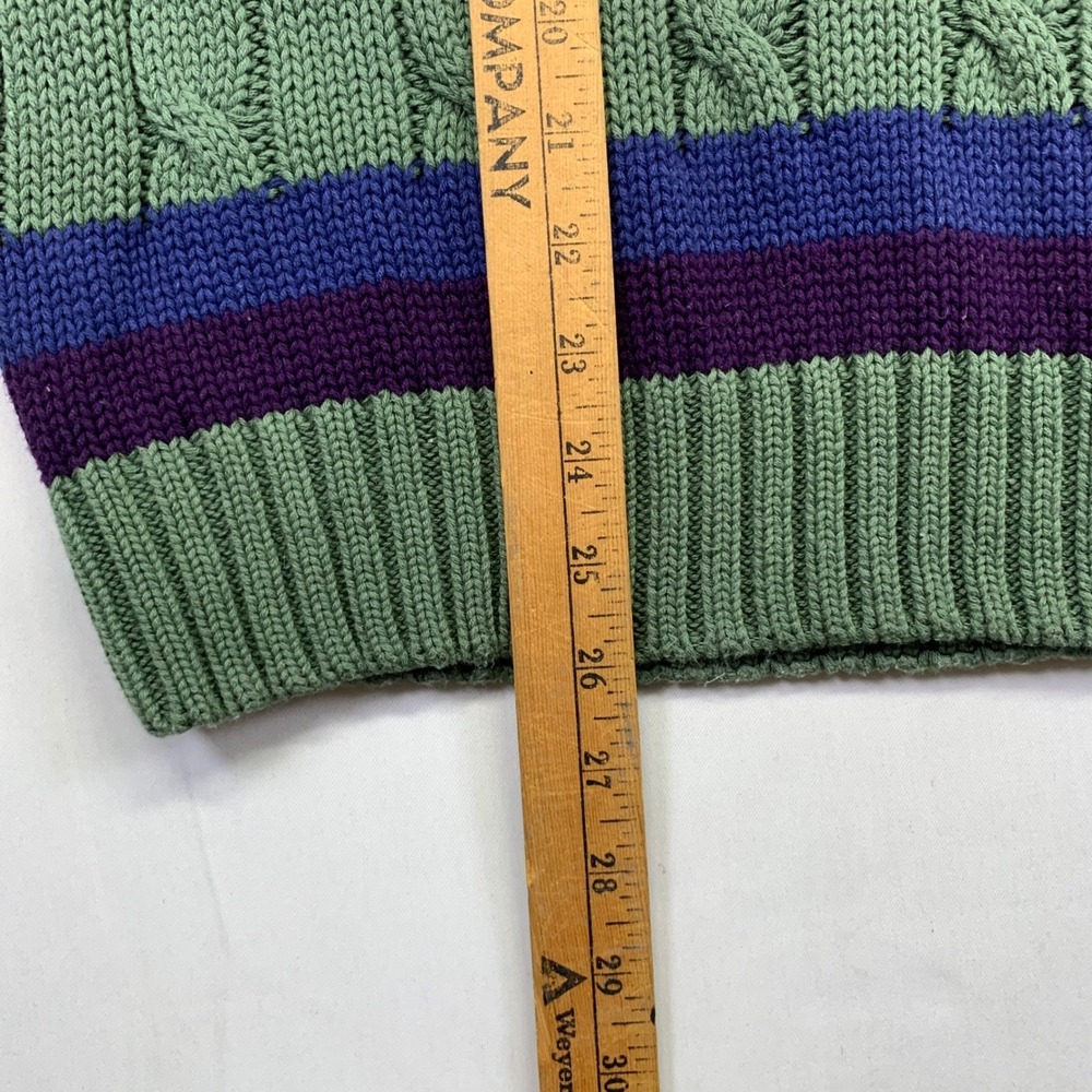 Vintage B.D. Baggies Cable Knit Sweater L/XL? V Neck Green Pullover Striped - Picture 7 of 9